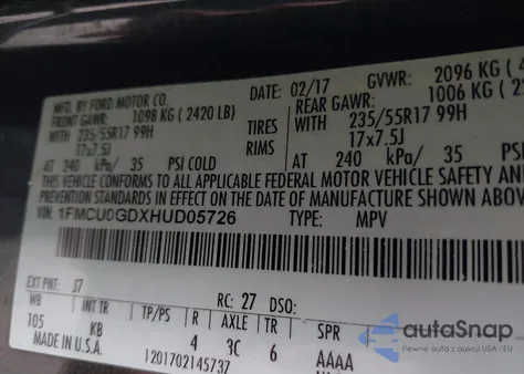 2017 Ford Escape Se из США, поврежденный, VIN 1FMCU0GDXHUD05726